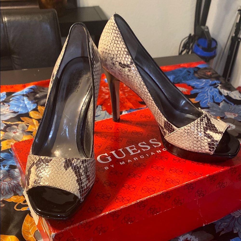 Guess Snakeskin Peep Toe Heels